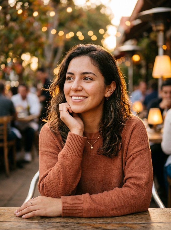 A young woman looking calm and hopeful