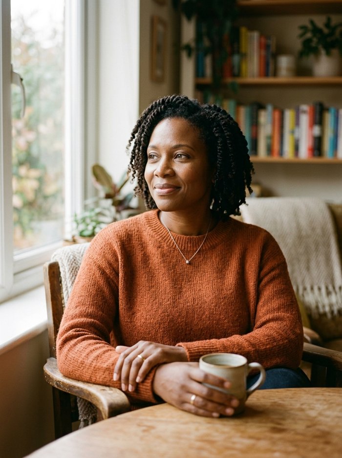 A woman with a serene, resilient expression