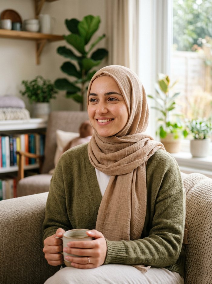 A young woman in hijab smiling warmly